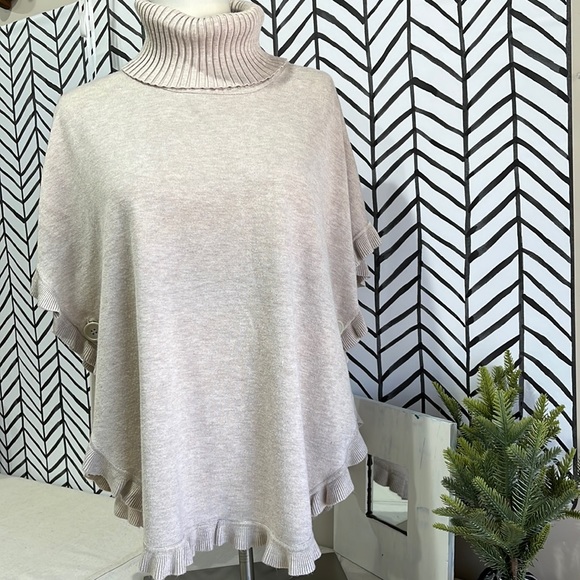 Joseph A Sweaters - Joseph A. Cream Turtleneck Poncho with Scalloped Ruffled Hem, Button Arms, Sz. S